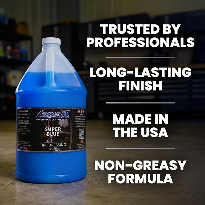 LANE'S Super Blue Tire Dressing | High-Gloss | 1 Gallon (Pack of 1) | No Sling, No Run, Long Lasting | Protects from Cracks & UV Rays | Non-Greasy Tire Dressing & Cleaner for Cars, SUVs, More