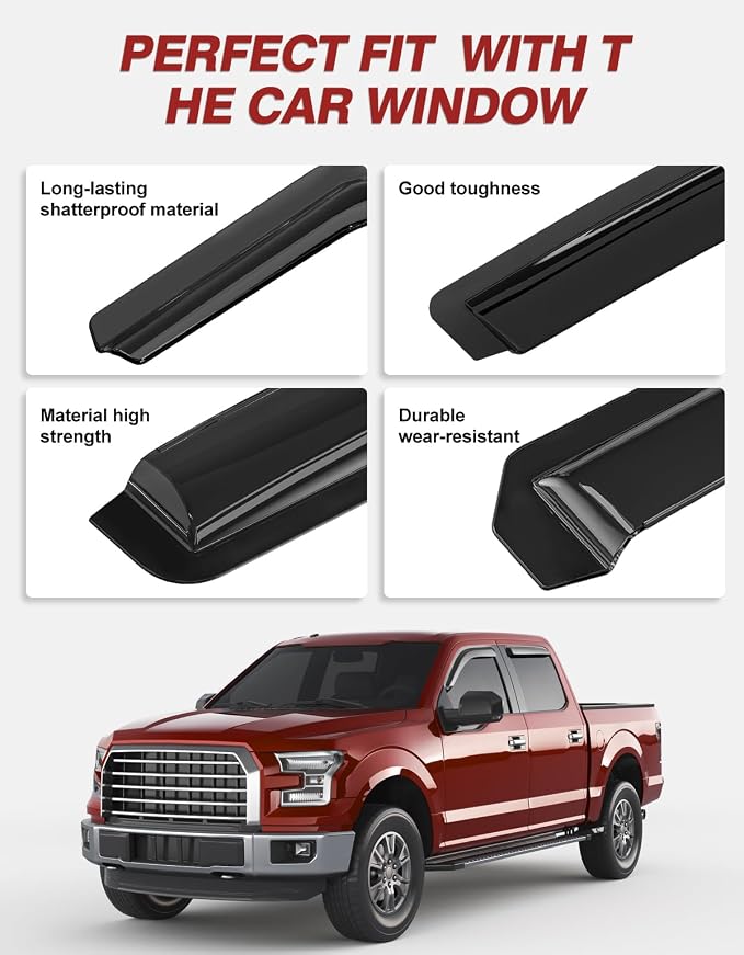 Window Rain Guards Fit for 2009-2014 Ford F150 SuperCrew Cab, Outside-Mount Extra Durable Window Visors Wind Deflector for 2010-2014 F-150 SVT Raptor Full-Size Cab