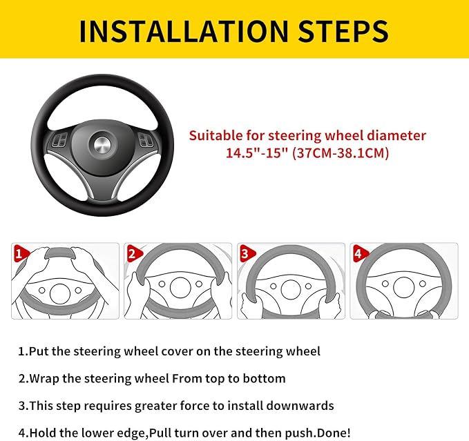 Car Steering Wheel Cover 15 inch, Microfiber PU Leather Elastic Steering Wheel Protector, Anti-Slip Breathable Car Interior Accessories for Most Cars (Yellow)