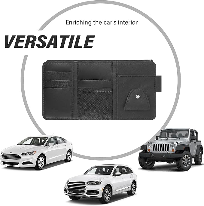 Car Visor Organizer with Sunglass Holder,Multi-Functional Car Sun Visor Organizer with Zipper for Cards,Money,Tickets,Leather Interior Accessories (Black)