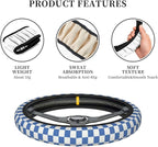 Blue Checkered Steering Wheel Cover for Women, Universal Auto Steering Wheel 14-15 Inch Car Interior Accessories with 2PCS Car Coasters, Suitable for Men and Women