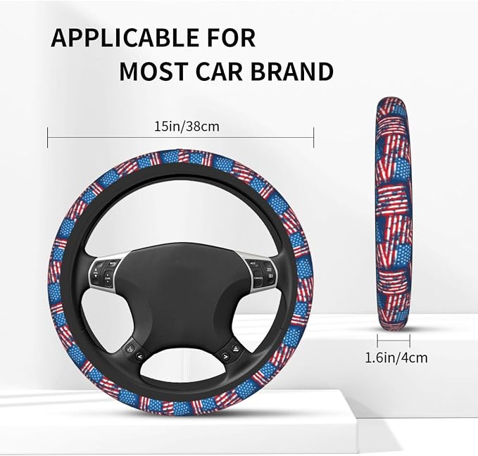 Blue American Flag Patriotism Steering Wheel Cover Car Accessories Cute for Women Girls Girly Universal 15 Inch Neoprene Auto Interior Decor Anti Slip Car Truck Protector