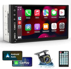 Double Din Car Stereo Radio Support Apple Carplay&Android Auto, 7inch HD Touchscreen Double Din Radio with Bluetooth, Car Audio Receivers, Camera, MirrorLink, FM Radio, 2 USB/TF/AUX/Subwoofer