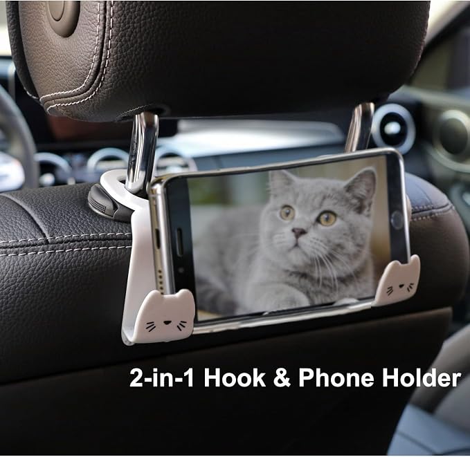 Light Grey Cute Cat Car Seat Headrest Hooks, 2 Pack 360 Rotation Universal Car Purse Hook with Phone Holder, 44LBS Heavy Duty Vehicle Hanger for Bags Coats Groceries