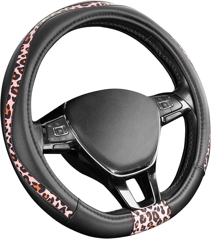 Steering Wheel Cover - Flat Bottom Wheel Cover Made with PVC Leather and Pink Leopard Fabric - Universal Fit for 15-Inch D-Shaped Automotive Steering Wheels (Pink Leopard)