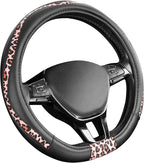 Steering Wheel Cover - Flat Bottom Wheel Cover Made with PVC Leather and Pink Leopard Fabric - Universal Fit for 15-Inch D-Shaped Automotive Steering Wheels (Pink Leopard)