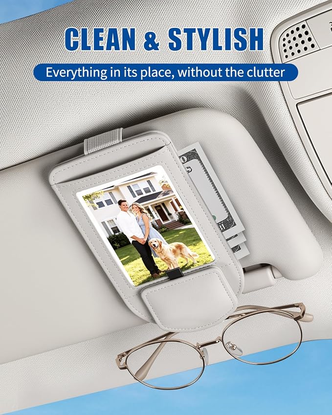 Car Visor Sunglasses Holder, 3 in 1 Glasses Clip with Photo Picture Display & Extra Storage Pocket, Anti-Slip Universal Sun Visor Organizer, 2026 Upgraded (1, Off-White)