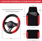 Faux Leather Steering Wheel Cover and Waterproof Car Floor Mats,Universal Car Combo Fit for 95% Sedan,SUV,Cars,14.5-15inch Sporty Anti-Slip Safety Comfortable Design(Black＆Red)