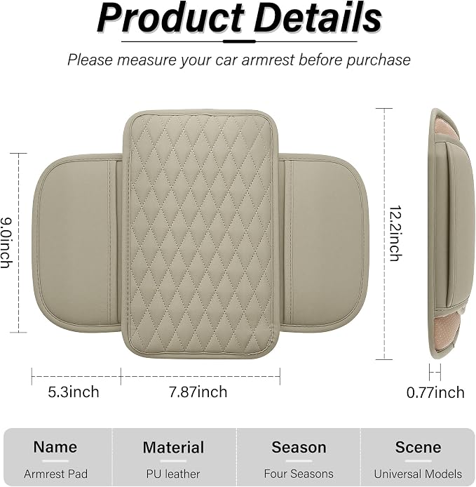 Car Center Console Cover, Leather Car Armrest Cushion with 2 Storage Pockets, Universal Waterproof Cushion Pad, Non-Slip Car Interior Accessories, Fits Most Sedans SUVs Trucks (Light Beige)