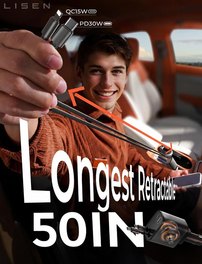 Retractable Car Charger, [2026 Upgrade 50 inch ] Long 4 in 1 Retractable Cable Car Charger, USB C Car Charger Fast Charging for iPhone 17 16 15 14 13 12 11 X Pro Max Plus Mini, Samsung S26 | Multiple Ports Car Charger, Retractable Car Charger Fas...