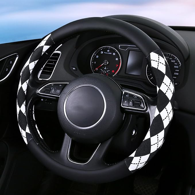 Lattice Car Steering Wheel Cover Microfiber Leather Non-Slip Comfort Universal 15 inch Checkered Plaid Wheel Protector for Truck, SUV, Cars (Black)