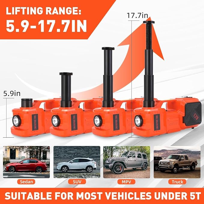 Electric Car Jack Kit 5 Ton 12V Hydraulic Floor Jack with Impact Wrench and Inflatable Pump for SUV Car Emergency Repair Tire Change Kit with LED Light