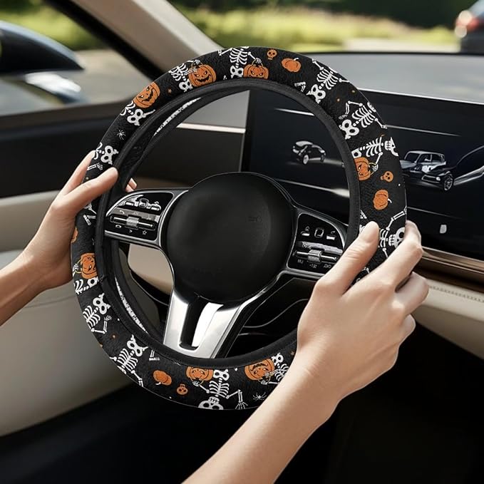Universal Fit Car Steering Wheel Cover Stretch-on Comfortable Grip | Funny Skull Pumpkin Print, Sweat Absorption Comfort Grip for Driver Women Men, Halloween Decor
