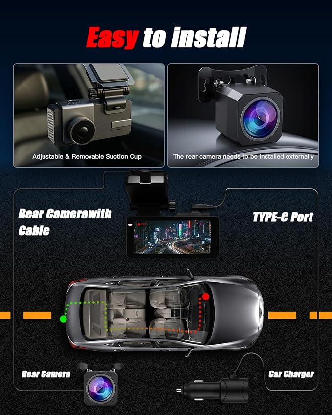 Dash Cam Front and Rear, 4K Ultra HD,5G Wi-Fi,24H Parking Mode | Road Rage Witness Blind Spot Guard, Hit-and-Run Catcher, Scam Defense,3.69in IPS LCD,Built-in GPS Logger, Dual HDR - Charcoal
