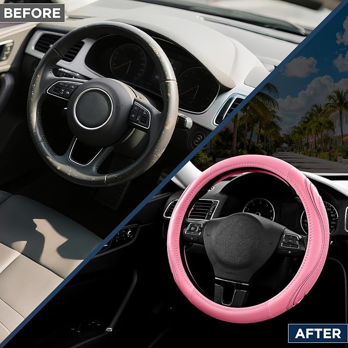 Car Steering Wheel Cover - Microfiber Leather Steering Wheel Wrap Sports 14.5-15 Inch Steering Wheel Cover Non-Slip for Men Women Pink & Pink Color