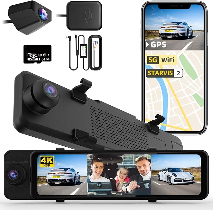3 Channel Rear View Mirror Camera, 4K+1080P+1080P Front Inside and Rear Car Camera, 12" Touch Screen Backup Camera with 5GHz WiFi GPS, 24H Parking Mode, HDR Night Vision, G Sensor, Free 64G Card