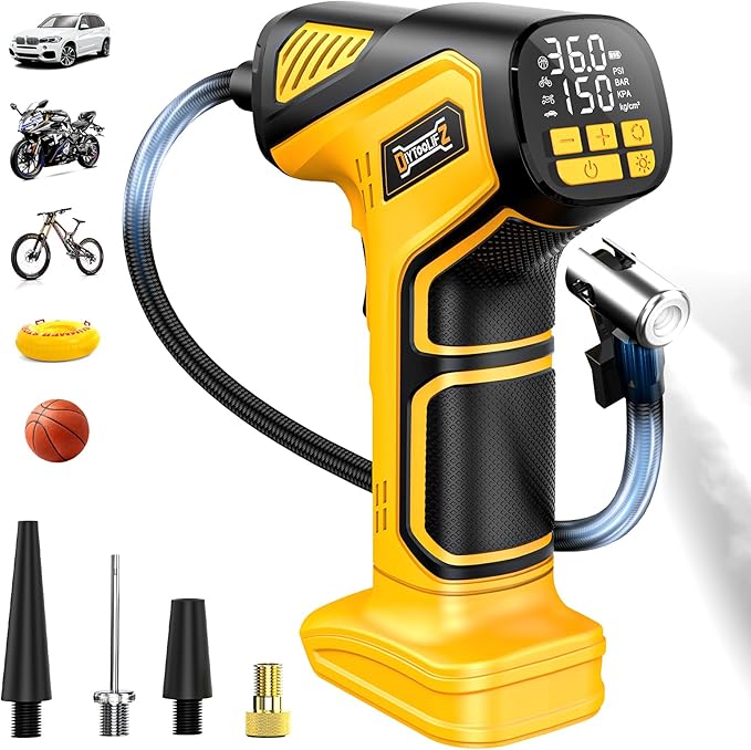 150PSI Tire Inflator Portable Air Compressor: Cordless Air Pump Compatible with Dewalt 20V Battery - Car Tire Pump with Digital Pressure Gauge & LED Light for Auto, Motorcycles (Tool Only)