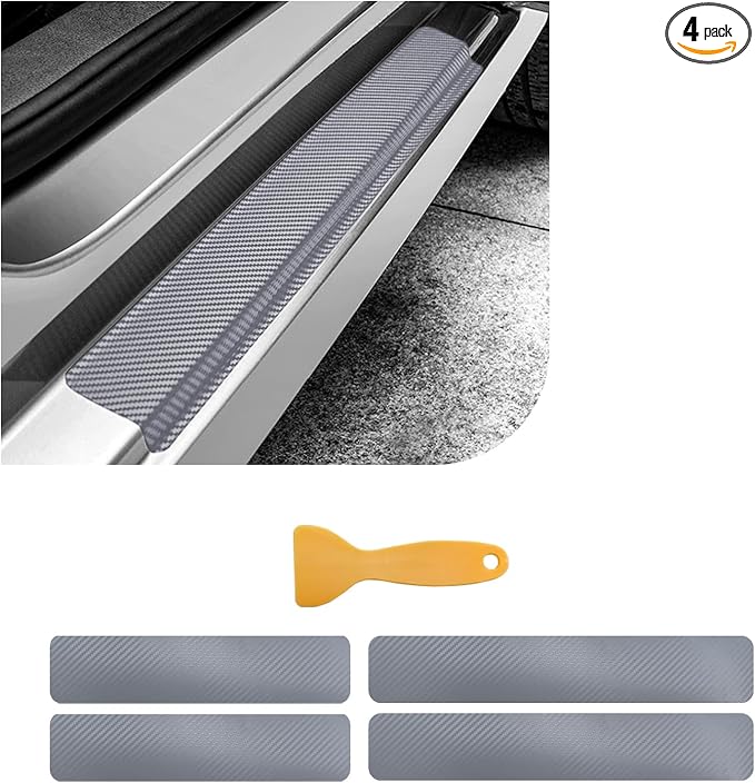 4 PCS Car Door Sill Protector, 3D Carbon Fiber Auto Door Entry Edge Guard Protection Trim, Anti-Scratch Threshold Cover Strips, Sill Protection Sticker for Car SUV Truck (Silver)