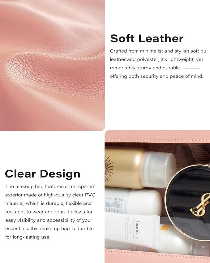 2Pack Clear Makeup Bags Set, Clear Travel Makeup Brush Holder, Portable Leather Travel Toiletry Bag Pink Car Accessories for Women