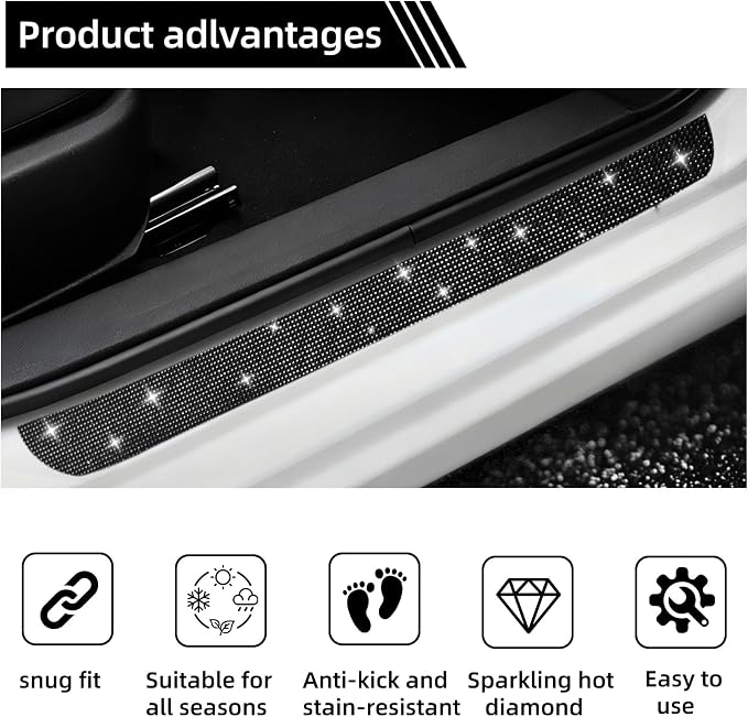 NETEPEM Bling Car Door Sill Protector 2PCS Car Door Edge Guard Rhinestones Door Threshold Protection 23.62x1.96 inch Anti-Scratch Strip Sticker Universal Bling Car Accessories(Black)