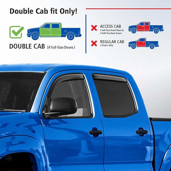 Goodyear Shatterproof in-Channel Window Deflectors for Toyota Tacoma 2005-2015 Double Cab, Rain Guards, Window Visors for Cars, Vent Deflector, Car Accessories, 4 pcs - GY008507