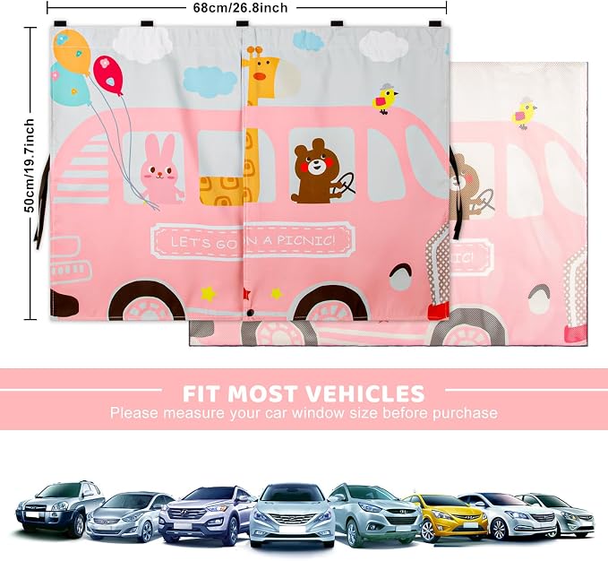 Car Window Shades, 2pcs Magnetic Car Curtains for Side Windows Privacy Full Covers/Half Shade Options, Cute Cartoon Auto Sunshades for Baby Protection Pink
