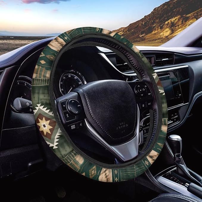 Car Steering Wheel Cover Universal 15 Inch Steering Wheel Protector Auto Accessories Decor Anti-Slip Washable Universal Fit Most Vehicles, Southwest Aztec Dark Green