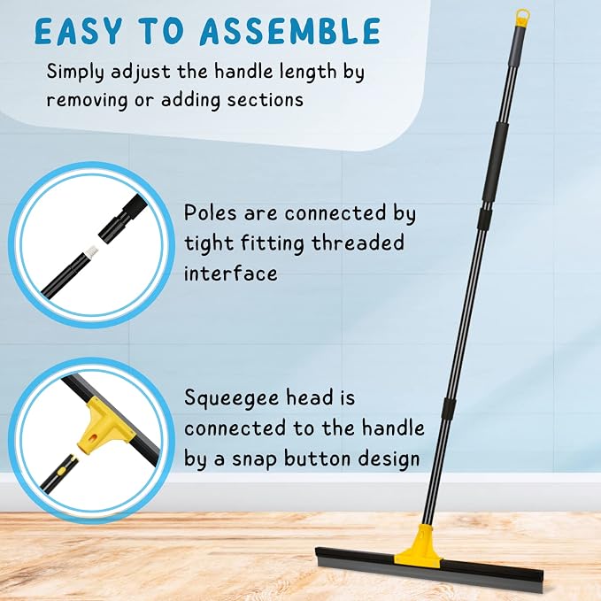 Floor Squeegee for Concrete and Tile Cleaning, 24'' Rubber Wiper Broom, Large Heavy Duty Water Scraper with 60'' Long Handle for Garage, Deck, Bathroom, Shower Glass, Window