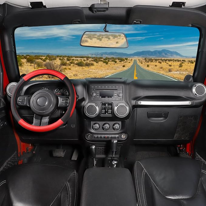 Car Steering Wheel Cover for F-150 Tundra Range Rover 15.5-16 inch, Black and Red Microfiber Leather