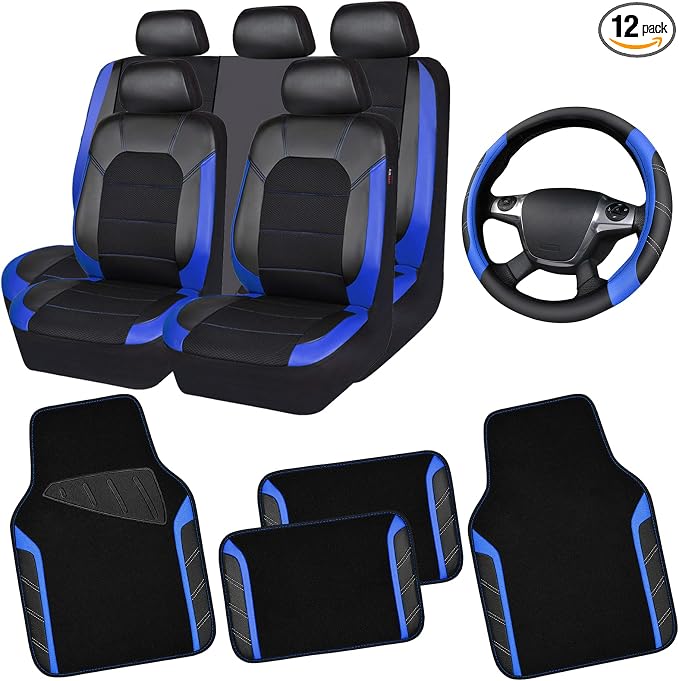 Air Mesh Leather Car Seat Covers Full Set, Waterproof Car Floor Mats, Sporty Steering Wheel Cover 14.5-15in, Universal Fits for 95% Cars Truck SUV (Black and Blue)