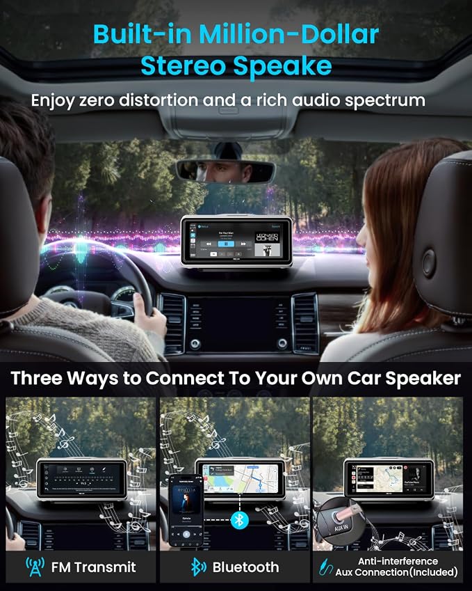 Portable Apple Carplay Screen for Car, Touch Screen with Wireless Android Auto, Car Audio Receivers with Voice Control, Mirror Link, Music Play, GPS Navigation, Built-in Customized Speakers (White)