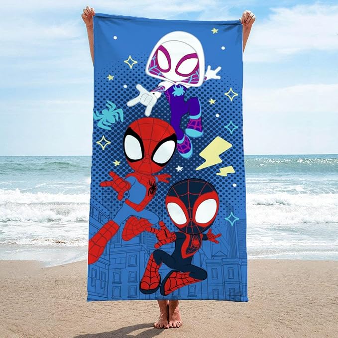 Children Beach Towel - 100% Cotton Super Soft Absorbent Bath Towel, 28" x 58" Inch Lightweight for Travel, Official Licensed Product, Blue - Spidey & His Amazing Friends