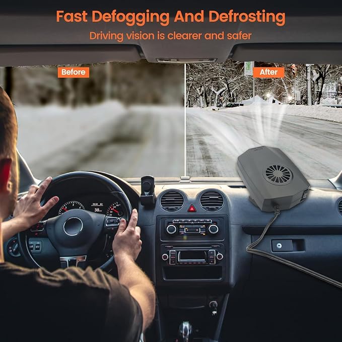 Car Heater,12V Fast Heating and Cooling Fan Portable Windshield Defogger and Defroster Plug into Cigarette Lighter for Car RV SUV (Black)