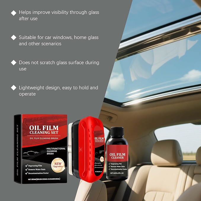 Car Windshield Oil Film Remover Set, Automotive Oil Film Cleaning Brush with Refill Liquid, Glass Cleaning Board, Anti-Rain Fog, Easy to Use for Car Windows & Rearview Mirrors, Long-Lasting Clean