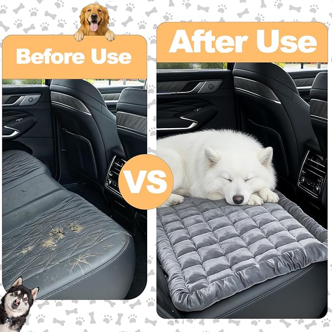 Dog Car Seat Cover for Back Seat, Sliver Gray Flannel Pet Bed Mat, Non-Slip Waterproof Bottom, Washable Dog Bed & Seat Protector for Cars SUVs Trucks, Fits Backseat Extenders