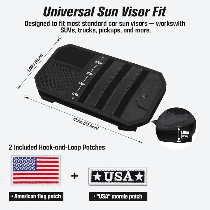Visor Organizer, Car Visor Organizer | Tactical Visor Organizer | MOLLE Visor Organizer | Sun Visor Organizer with Sunglasses Holder | Pockets | Card Slots