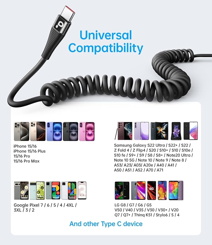 Coiled USB C Cable Fast Charging for Car 3FT/5FT, USB A to USB C Cable, Type C Charge Cord USB-C Charging Cable Compatible with iPhone 17/16/15/Samsung Galaxy S20 and More USB C Devices-Black