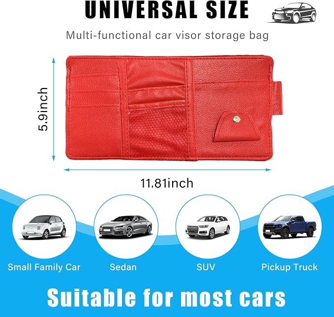 Car Sun Visor Organizer, Leather Personal Belonging Storage Pouch with Zipper, Car Visor Storage Pouch Sunglasses Holder, Auto Interior Accessories Pocket Organizers (Red)