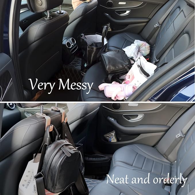Light Grey Cute Cat Car Seat Headrest Hooks, 2 Pack 360 Rotation Universal Car Purse Hook with Phone Holder, 44LBS Heavy Duty Vehicle Hanger for Bags Coats Groceries