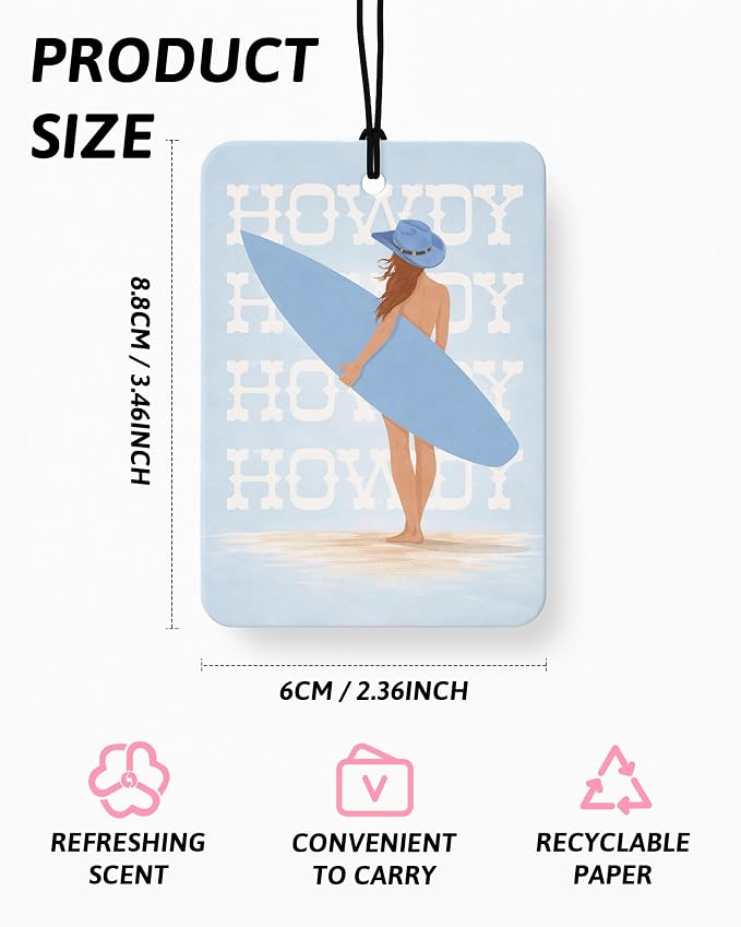 Blue Coastal Cowgirl Car Air Freshener 4 Pcs Coconut Scented, Summer Surfing Cowgirl Car Accessories Mirror Decor for Women, Girly Western Hanging Air Freshener for Cars Closet Drawer Books