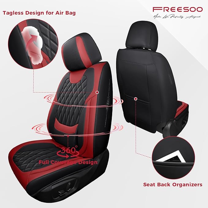 Black Red Car Seat Covers Full Set - Faux Nappa Leather Seat Covers for Cars, Breathable Waterproof Front Seats with Lumbar Support and Rear Seat Cover, Fit for Automotive Sedans SUVs Pickups