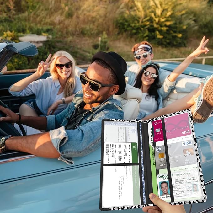 Car Registration and Insurance Holder, with Magnetic Closure for License, Cards and Documents, All Vehicle Needs and Car Accessories (Leopard-White)