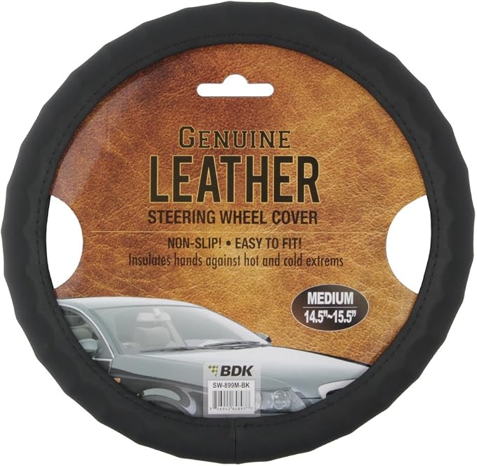 Genuine Leather Ergonomic Non-Slip Grip Car Steering Wheel Cover Standard Size 14.5 to 15 inch