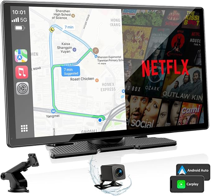 9'' Carplay Screen with Net-Flix YouTube and 1080P Backup Camera Upgraded Android Auto Screen Portable AI Magic Video Box Built-in Apps Voice Control Car GPS for iOS 10+ Android 11+