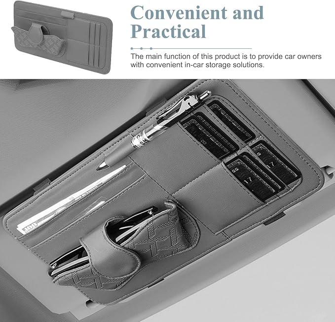 Car Sun Visor Organizer, Leather Multi-Pocket Auto Visor Storage Pouch for Sunglasses Cards License, Waterproof Car Interior Space-Saving Accessories, Universal for Most Cars (Gray)