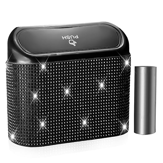 Bling Car Trash Can with Lid, Mini Auto Garbage Can with 30 Trash Bags, Leakproof Automotive Garbage Container Bin, Bling Car Accessories Trash Can for Women (Black Diamond)