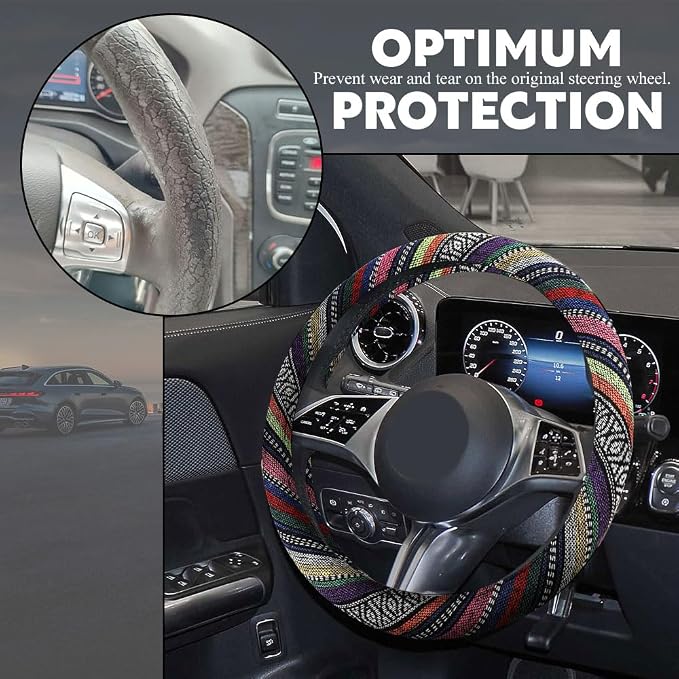 Boho Steering Wheel Cover, Steering Wheel Cover Women, 15 inch Hippie Style Protector Covers, Universal Ethnic Flax Cloth Car Accessories Universal for SUV Van Truck (Hippie-B)