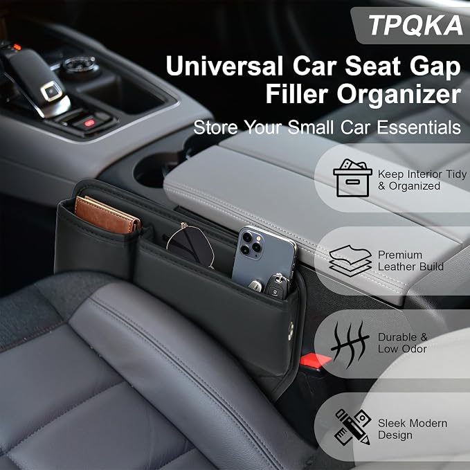 Car Seat Gap Filler with Cup Holder (2-Pack) for Driver & Passenger Side, PU Leather Seat Gap Plug Organizer for Phones Keys Cards, Universal Fit for Cars SUVs Trucks, Black