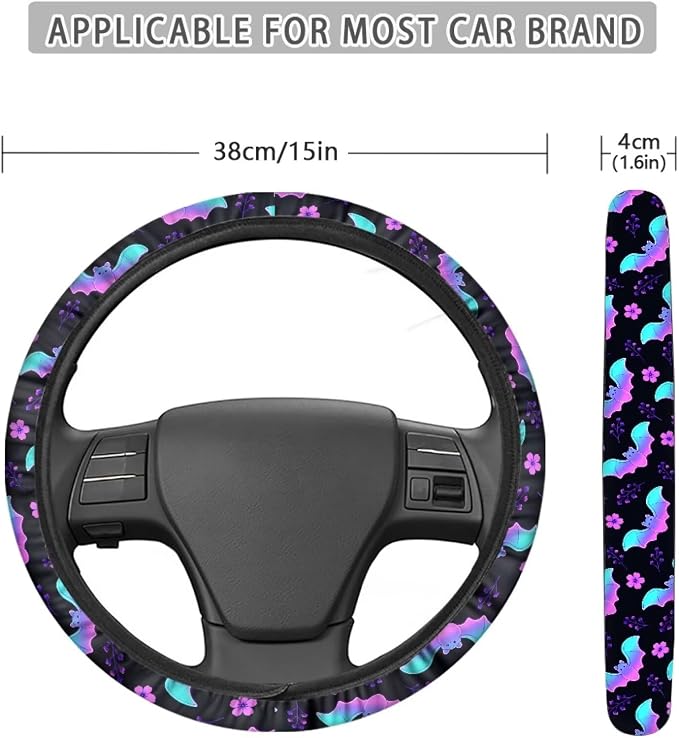 Halloween Steering Wheel Cover for Cars Universal Fit 14 to 15 inch | Bat Flower Print, Universal Stretch-on Fabric, Keep Warm Steering Wheel Protector for Women