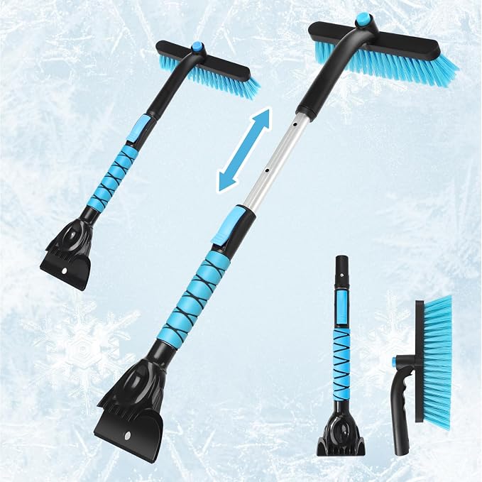 2 in 1 Extendable Snow Brush with Ice Scraper for Car Windshield, 33 Inch Car Window Scraper & Foam Snow Removal Brush for SUV, Heavy Duty Snow Cleaner for Truck Van, 360° Pivoting Head